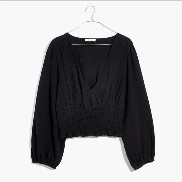 Madewell Black Cropped Long Sleeve Blouse Size XXS Balloon Sleeve Elastic Waist - Picture 5 of 12